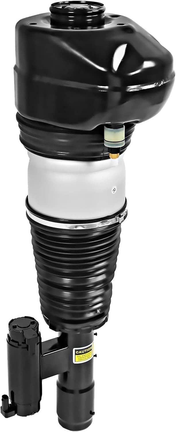 Air suspension strut with black top housing, silver body section, and ribbed air spring