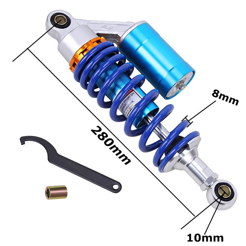 Motorcycle rear air shock absorber, 280mm length, blue coil spring and silver hardware