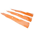 Orange lawn mower blades set, three flat blades with mounting holes