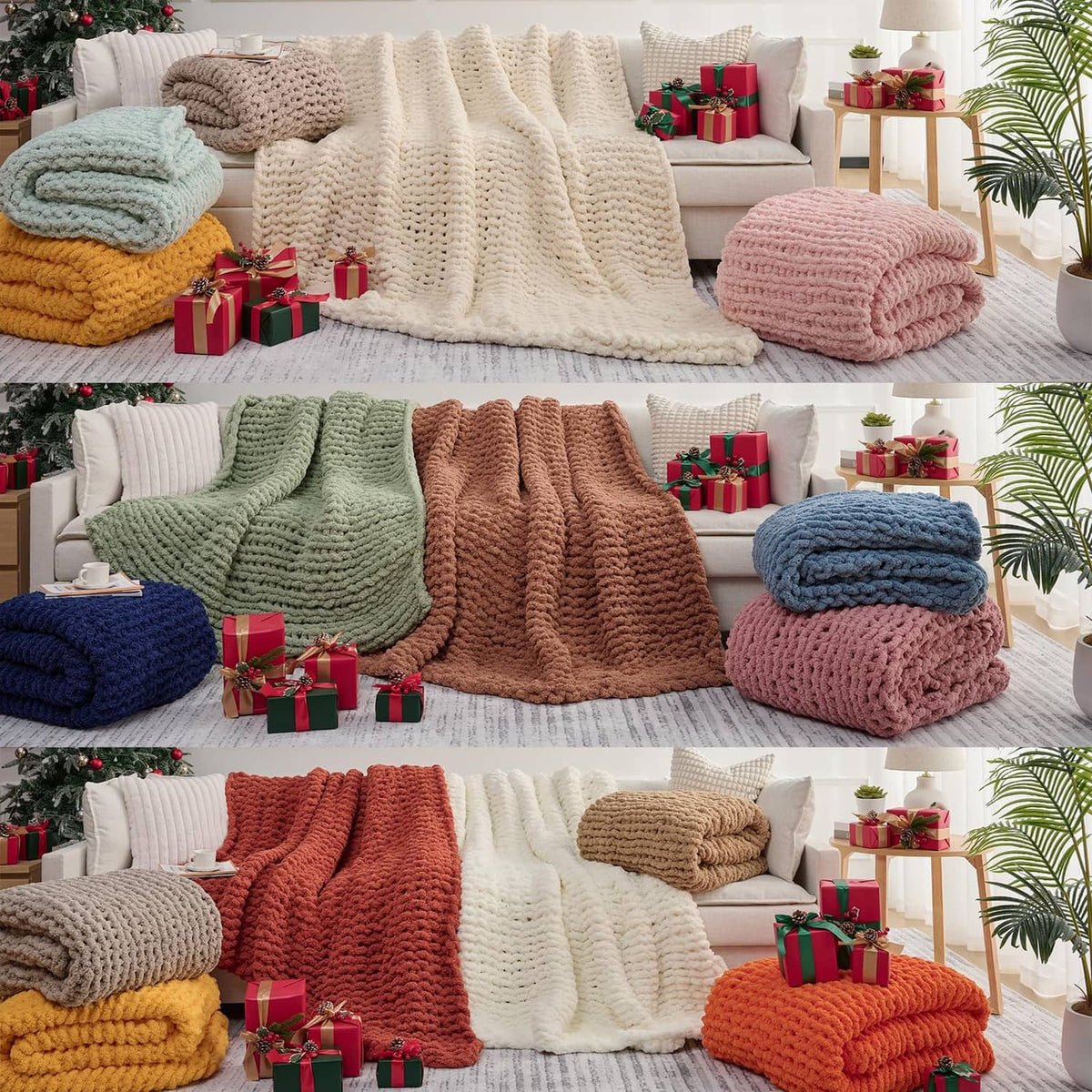 Assorted chunky knit throw blankets in multiple colors, neatly stacked