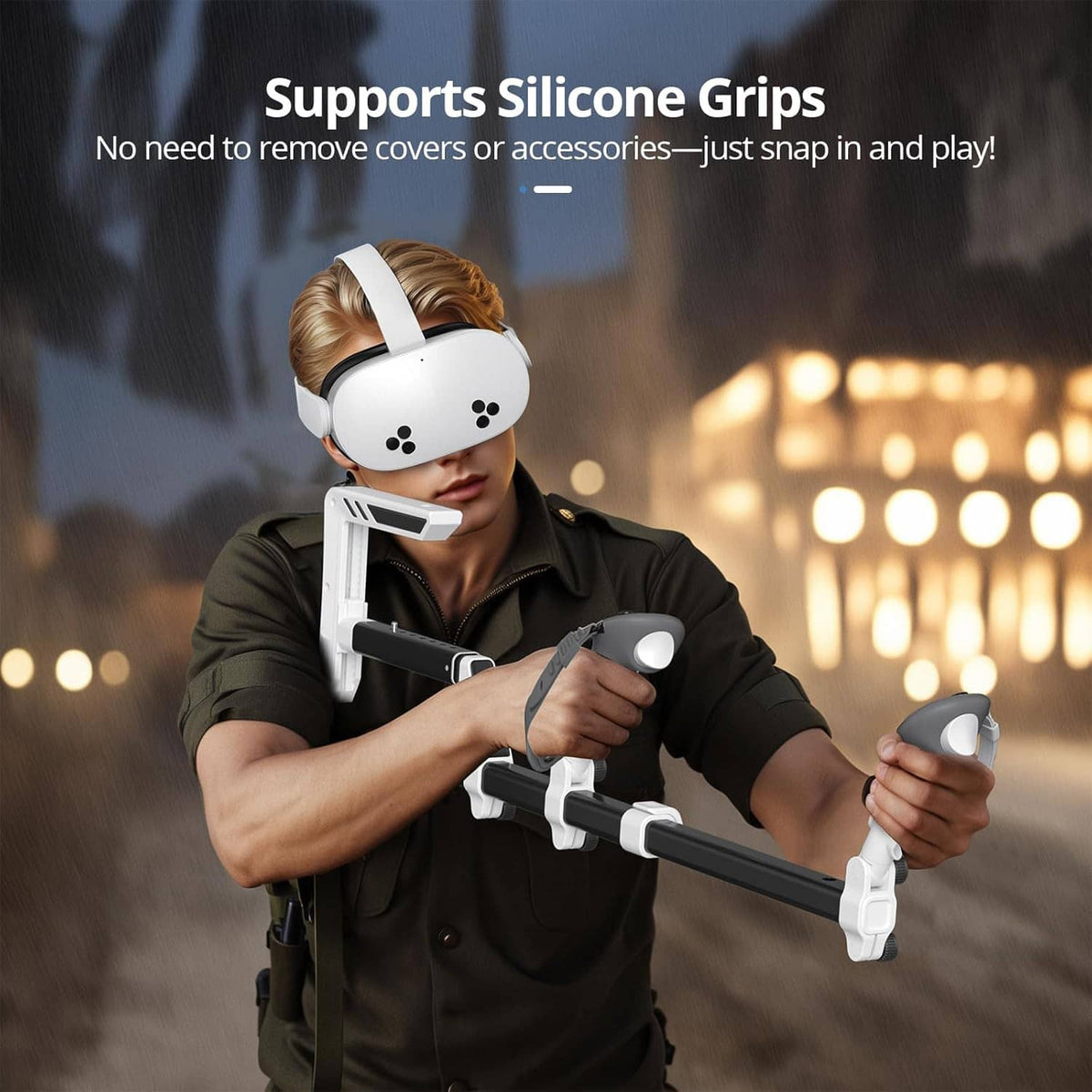 VR gunstock accessory attached to handheld controllers, worn with a VR headset