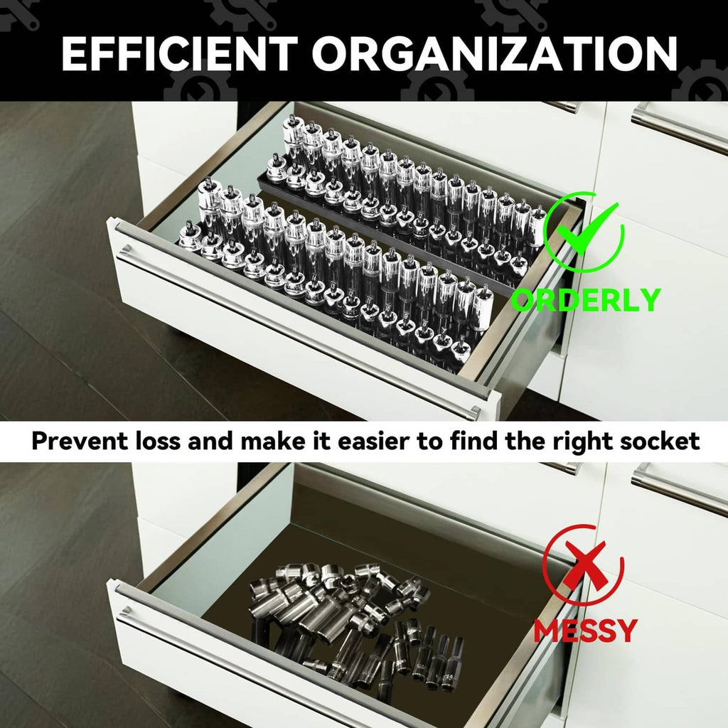 Red socket organizer trays holding chrome sockets, neatly arranged in a drawer