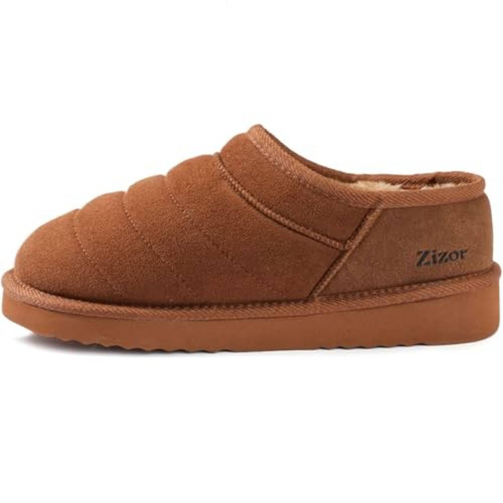 Tan suede fur-lined house shoe slipper with Zizor branding on the side.