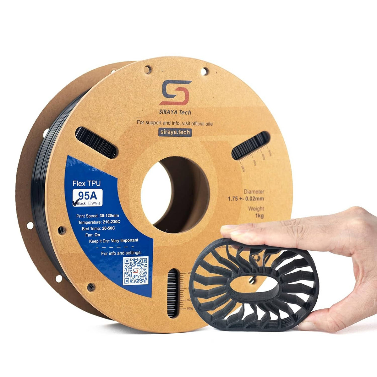 Black Flex TPU 95A 3D printer filament spool with label and visible wound filament