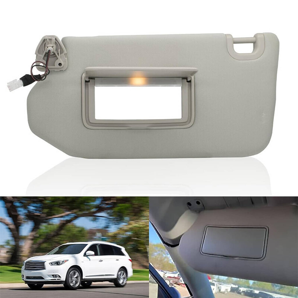 Gray left driver sun visor with lamp window and mirror, mounted on vehicle dash