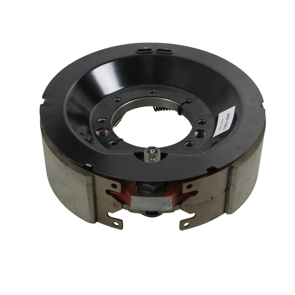 Complete hydraulic trailer brake assembly with black drum and shoe mounting flange