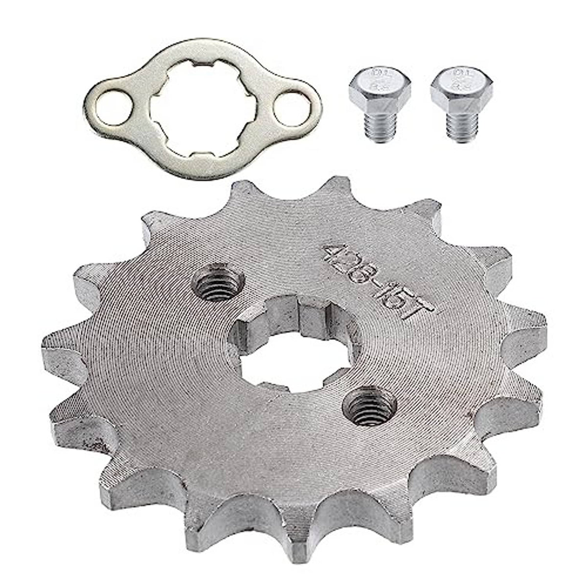Motorcycle front engine sprocket with retaining ring and two mounting bolts