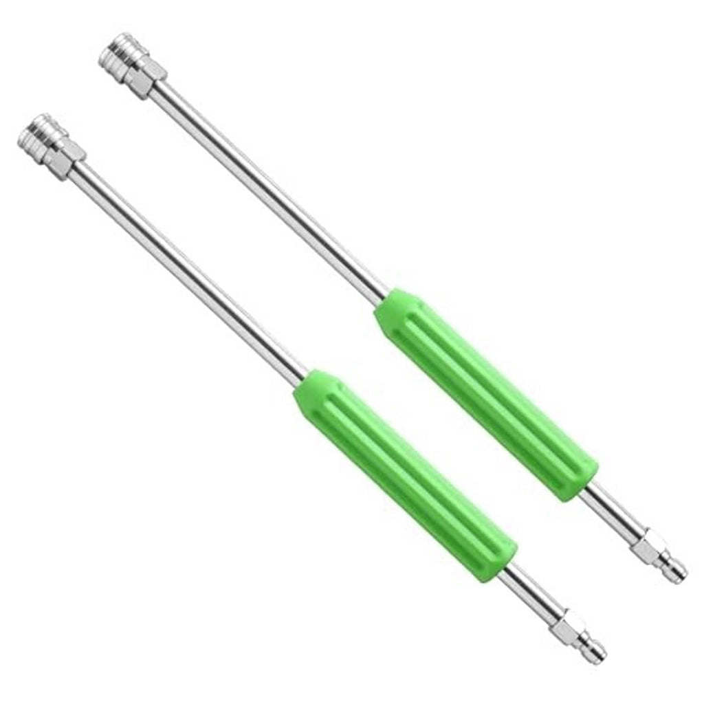 Stainless steel pressure washer extension wand with green grips, two connector ends