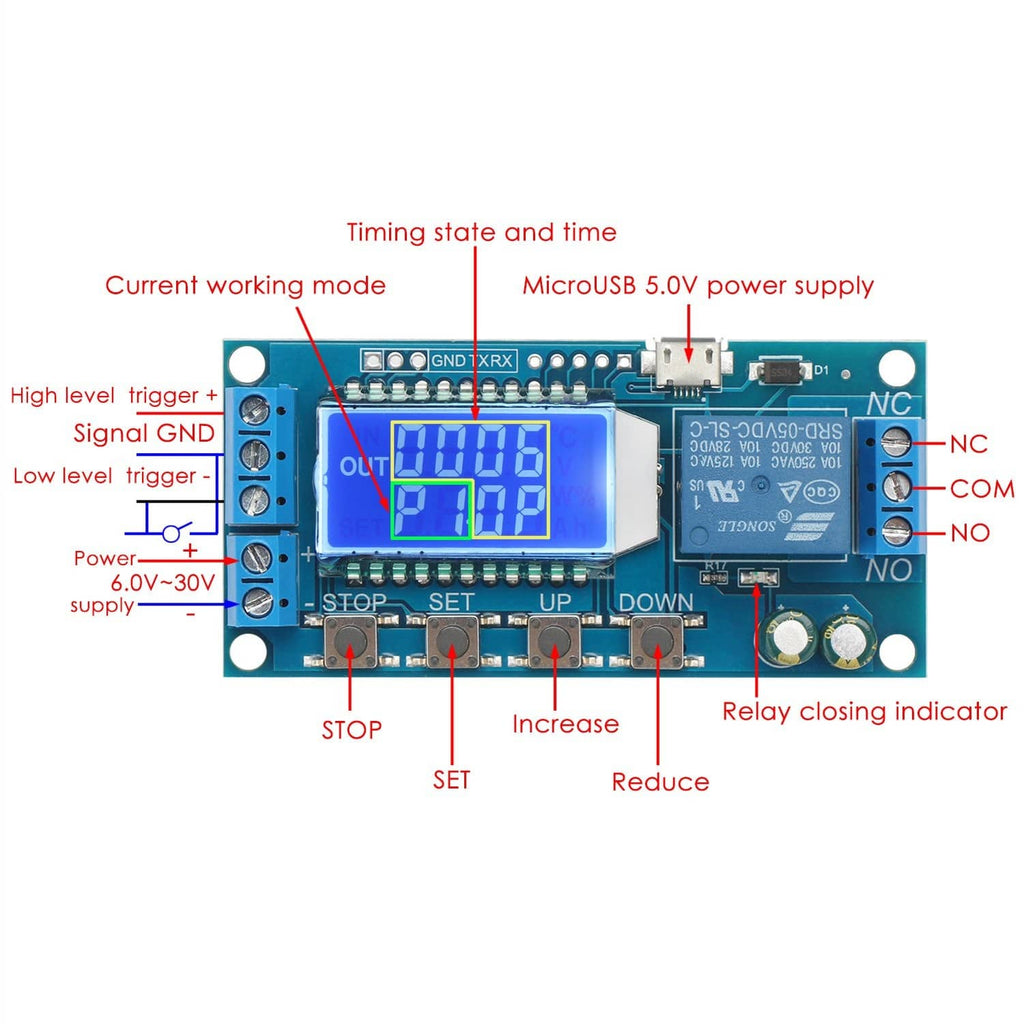 Timer relay control board with blue LCD window and labeled trigger, stop, and relay pins