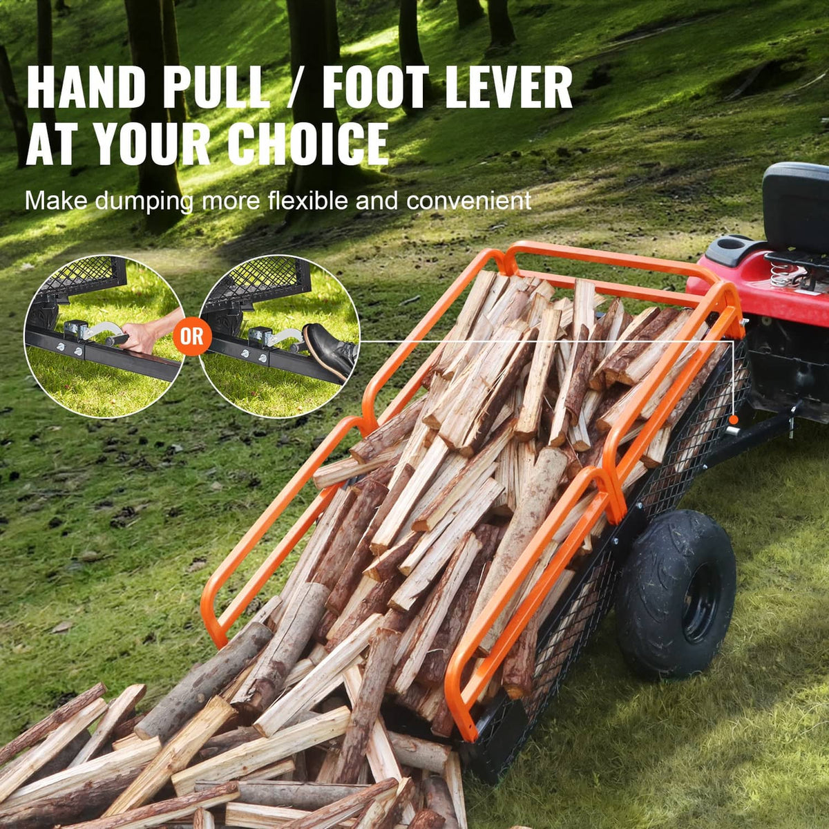 Orange tow-behind dump cart with side mesh panels, logs in bed, lever-style handle