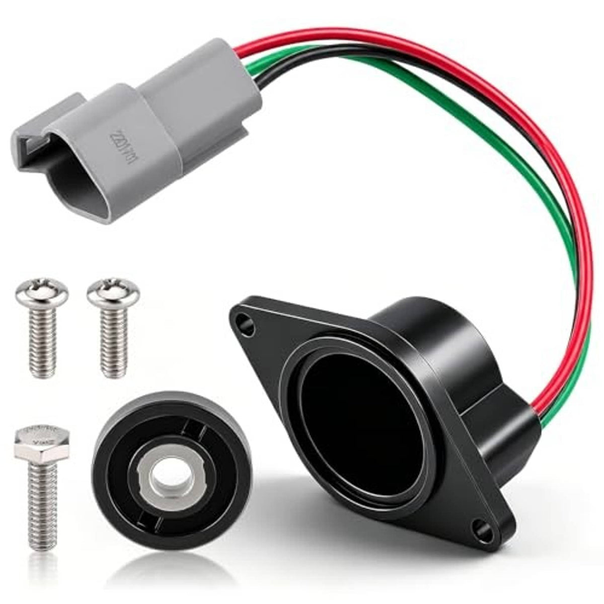 Speed sensor assembly with gray connector and red/green/white wire leads, black housing