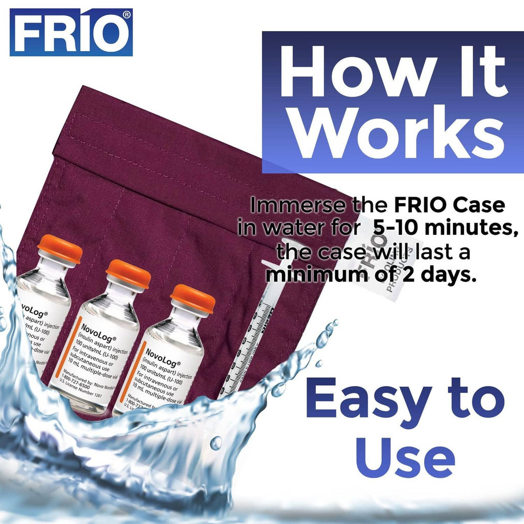 Burgundy cooling wallet case with insulin vials and syringe storage