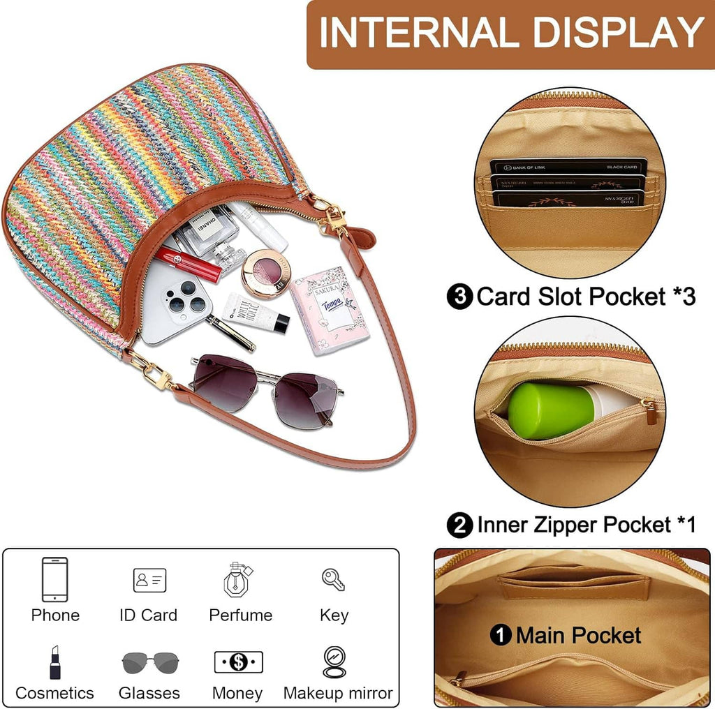 Multicolor woven hobo bag with brown zipper top, shown with inner card and pocket spaces.