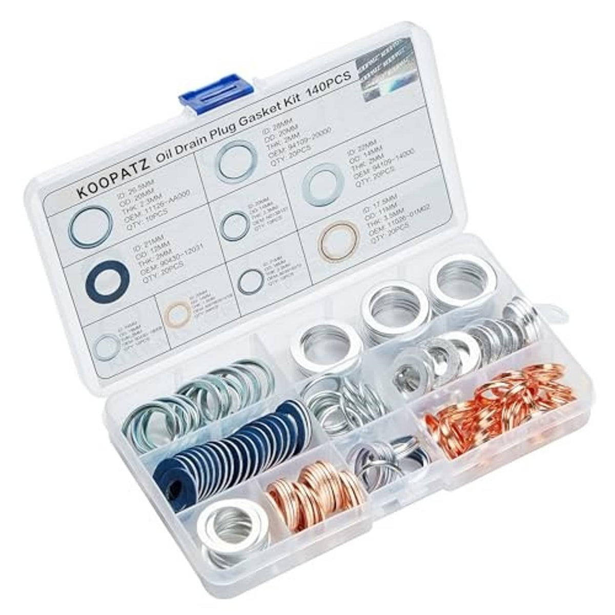 Oil drain plug gasket assortment kit showing grouped silver, blue, and copper washers
