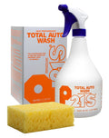 Auto wash spray bottle with blue trigger and white bottle, plus sponge and box