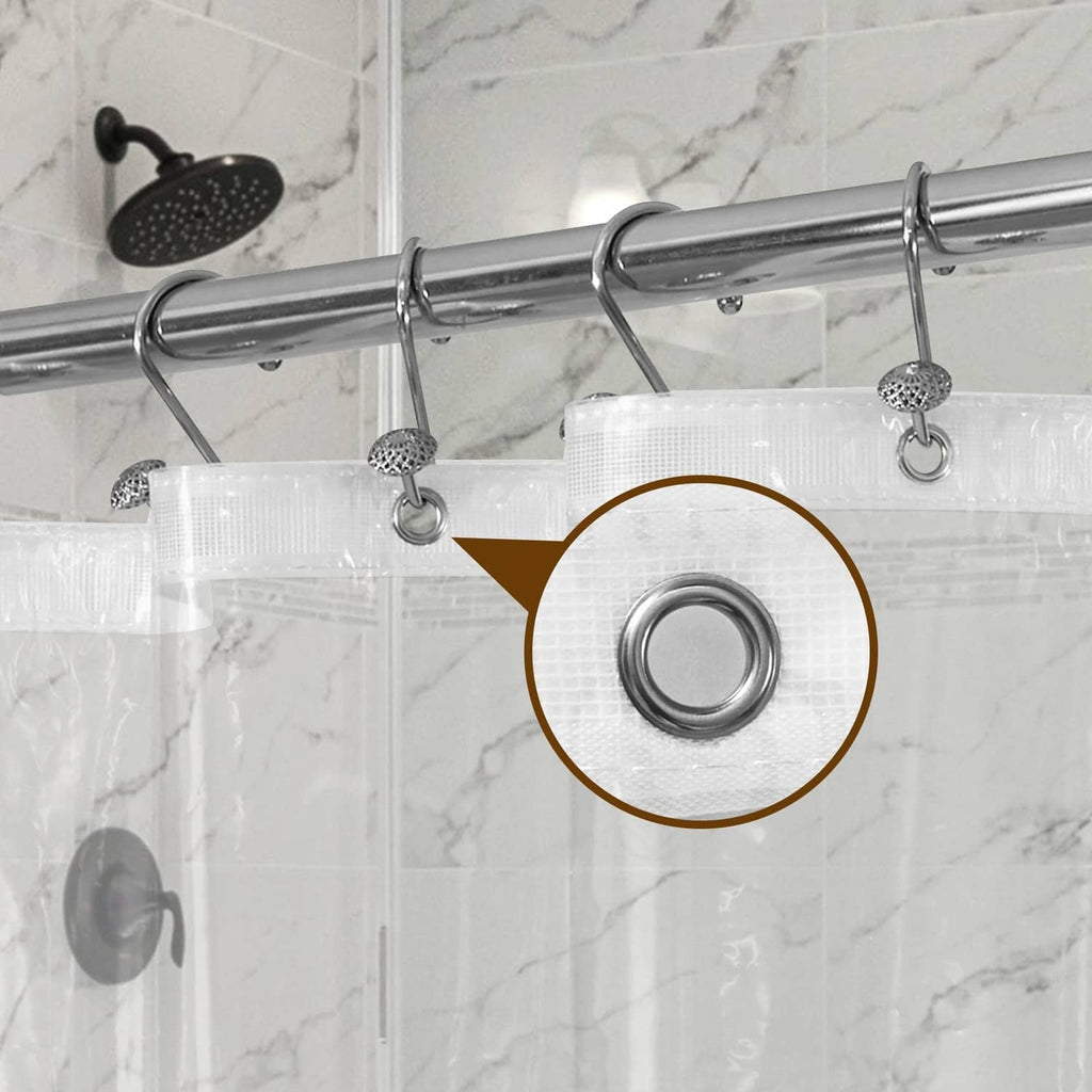 Clear shower liner with reinforced grommet holes and integrated magnet.