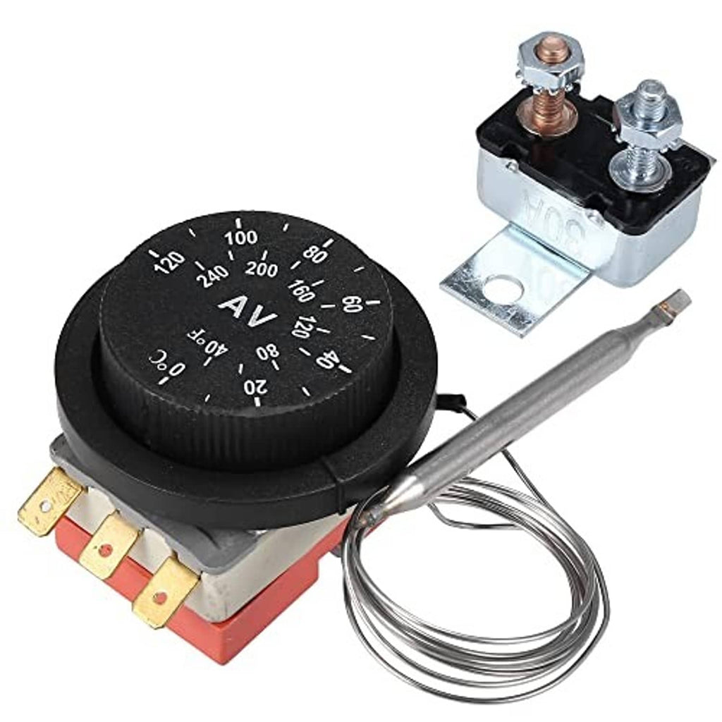12V adjustable fan thermostat relay kit with black dial, metal bracket, and wire leads