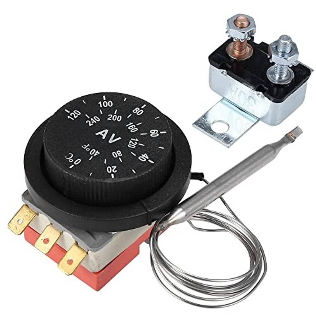 12V adjustable fan thermostat relay kit with black dial, metal bracket, and wire leads