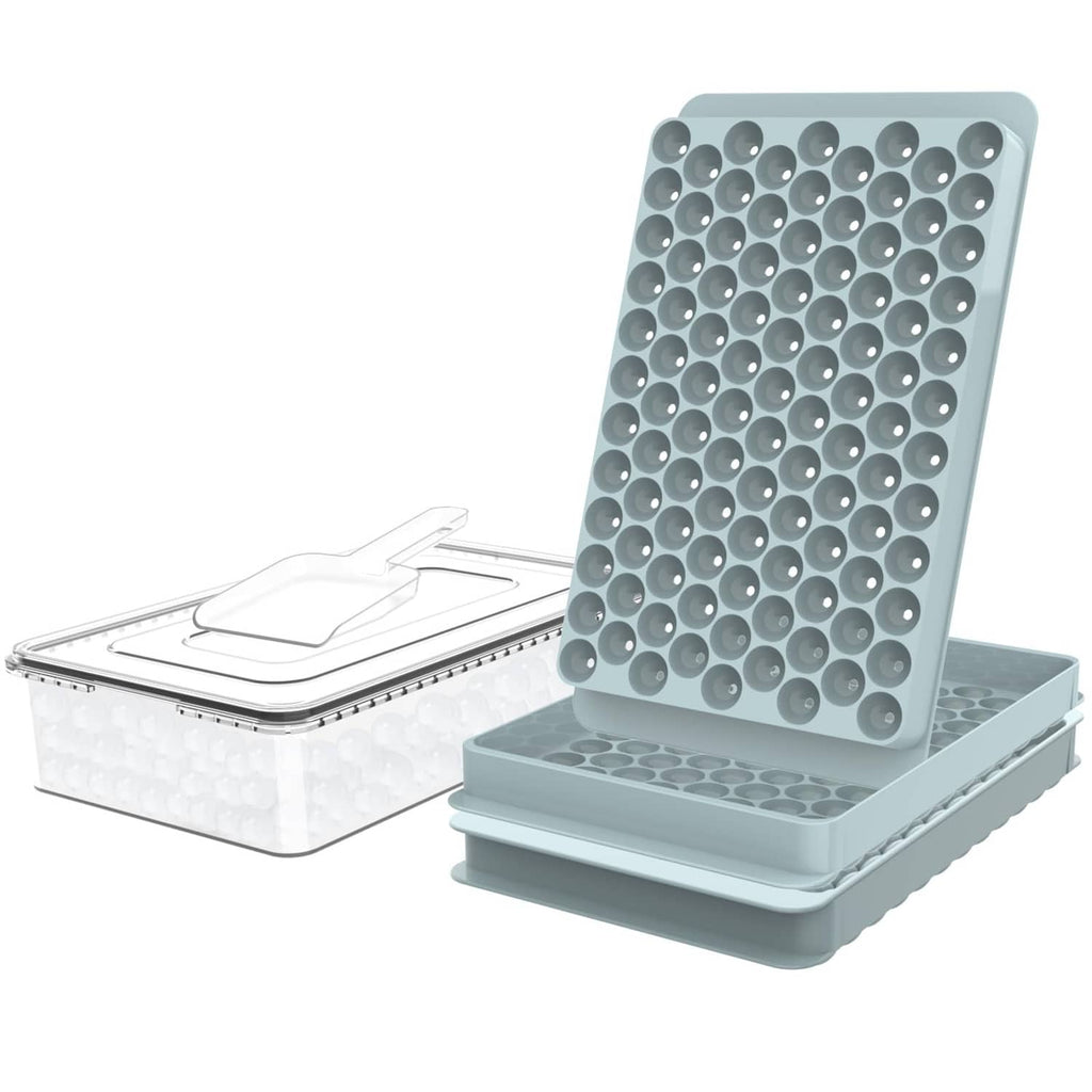 Blue mini ice cube trays with tiny circular cavities and matching lid/storage bin