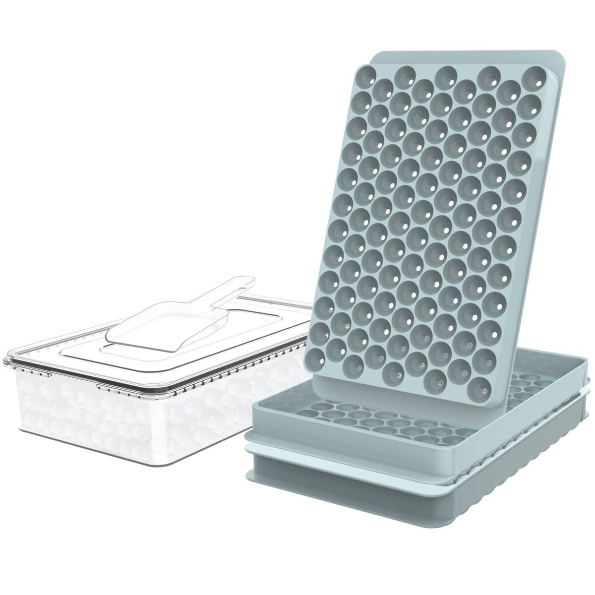 Blue mini ice cube trays with tiny circular cavities and matching lid/storage bin
