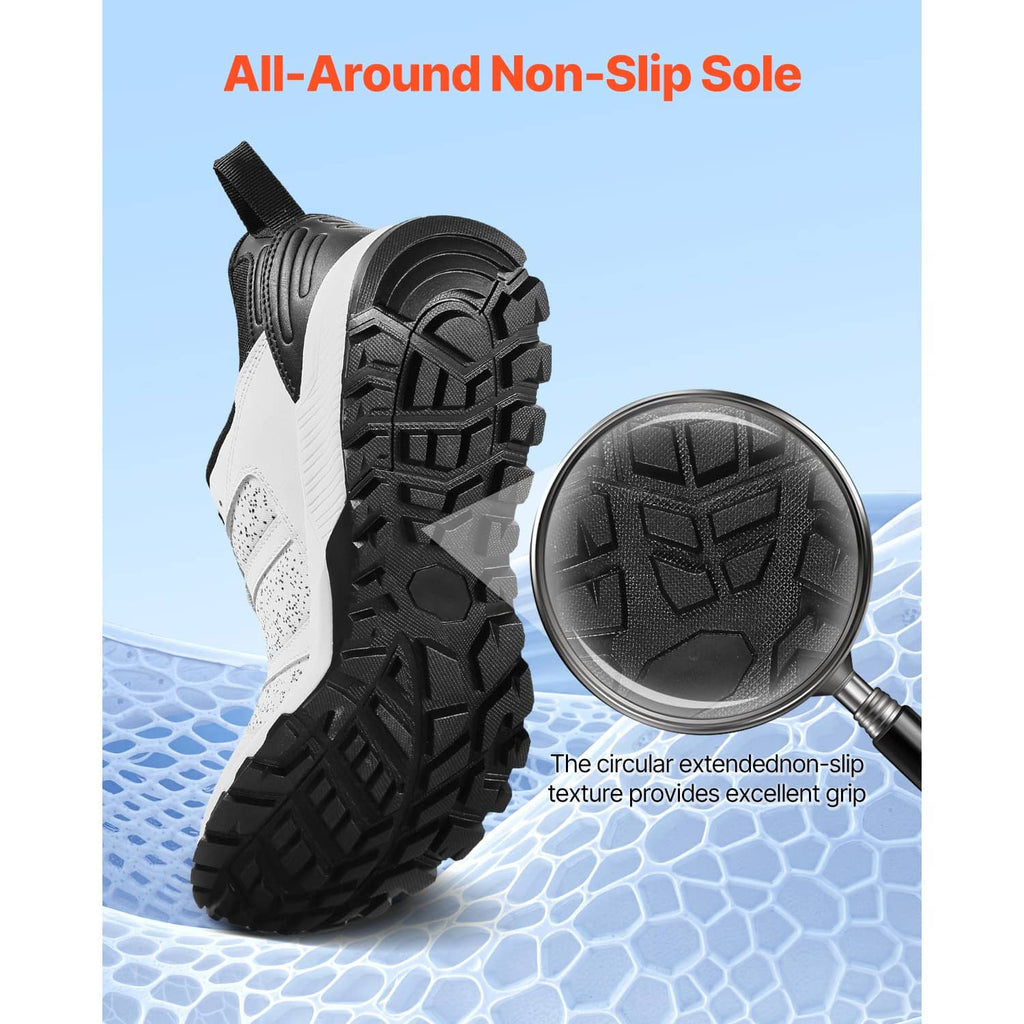 White and black cross training shoe showing thick treaded non-slip outsole