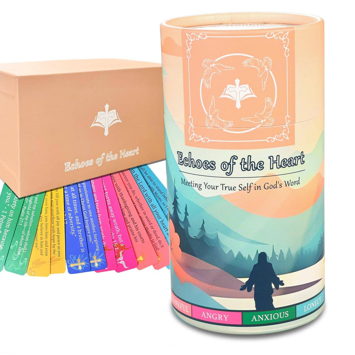 Bible verse jar with peach label, cardboard box, and rainbow scripture card deck