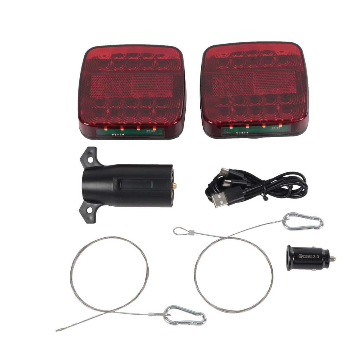 Pair of red square LED tail lights with black brackets, wire loops, and charging cable