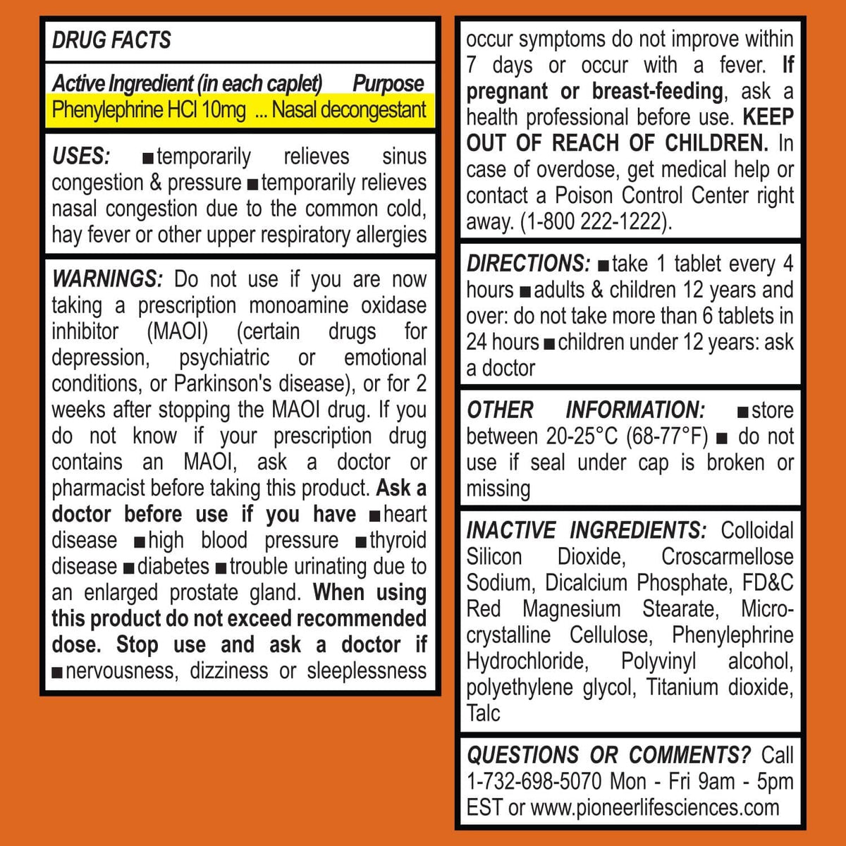 Drug Facts panel for phenylephrine HCl 10 mg nasal decongestant tablets