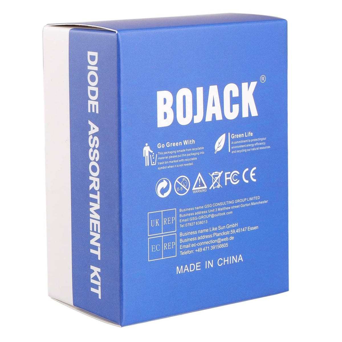 BOJACK diode assortment kit box back with certifications and 'Made in China'