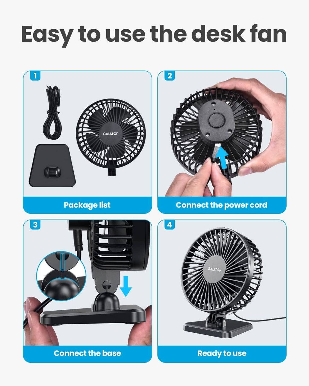 Black USB desk fan installation with base connected and blades ready to use