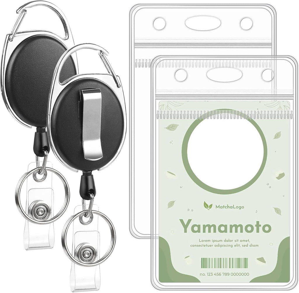 Retractable badge reel set with clear vertical ID holder cards and silver keyring clips