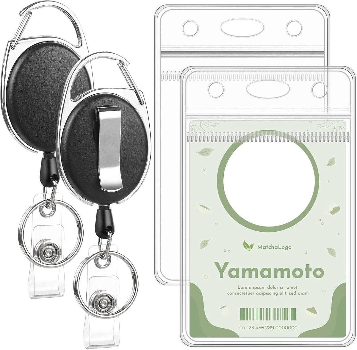 Retractable badge reel set with clear vertical ID holder cards and silver keyring clips