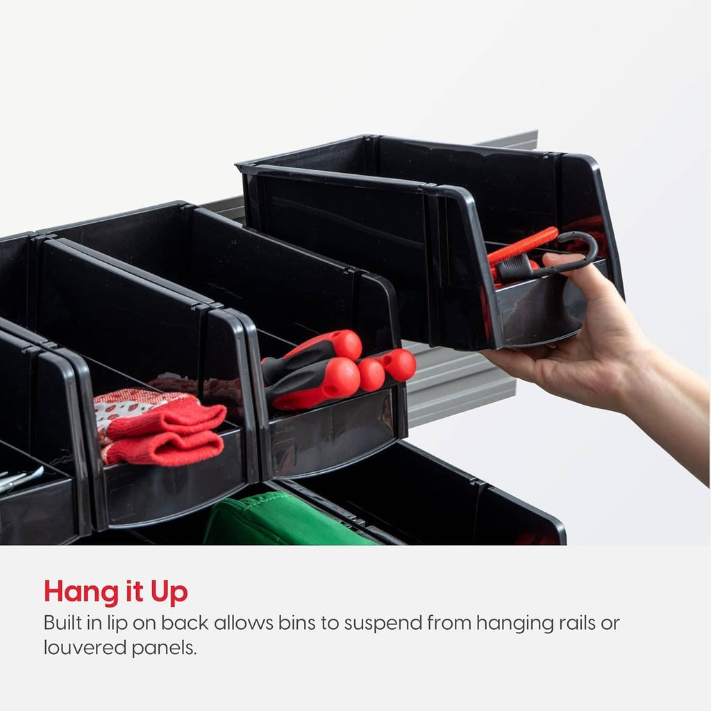 Black stackable storage bins with open front compartments and a hand placing bin