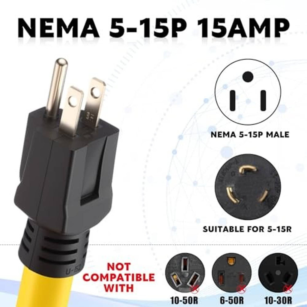 NEMA 5-15P male plug on yellow cord with black adapter connector