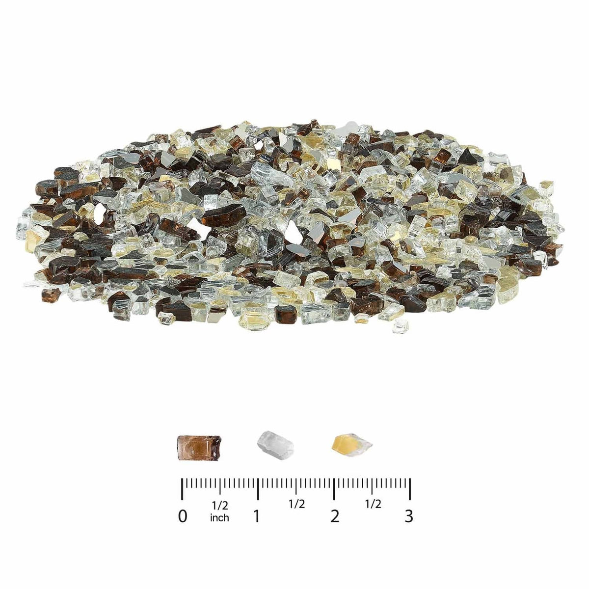 Mixed clear, copper, and gold glass fire pit rocks with 1/2–3 inch ruler