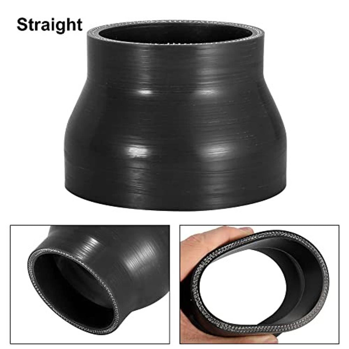 Black straight silicone reducer hose coupler with textured outer rim and smooth inner bore