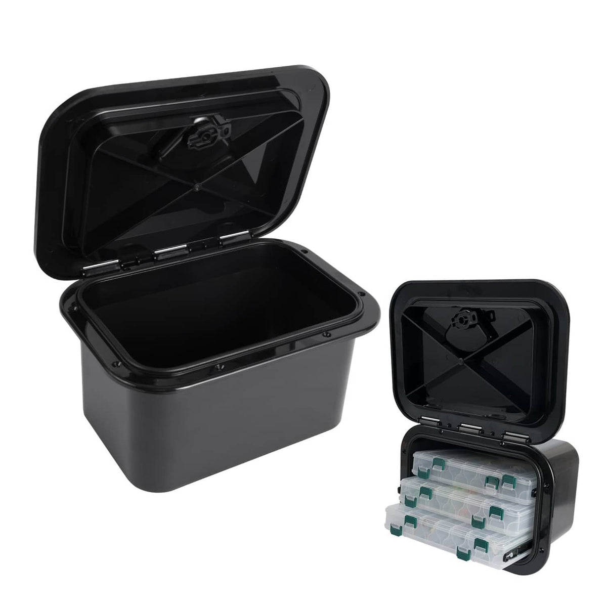 Black marine deck storage box with hinged lid and lock, plus open compartment view