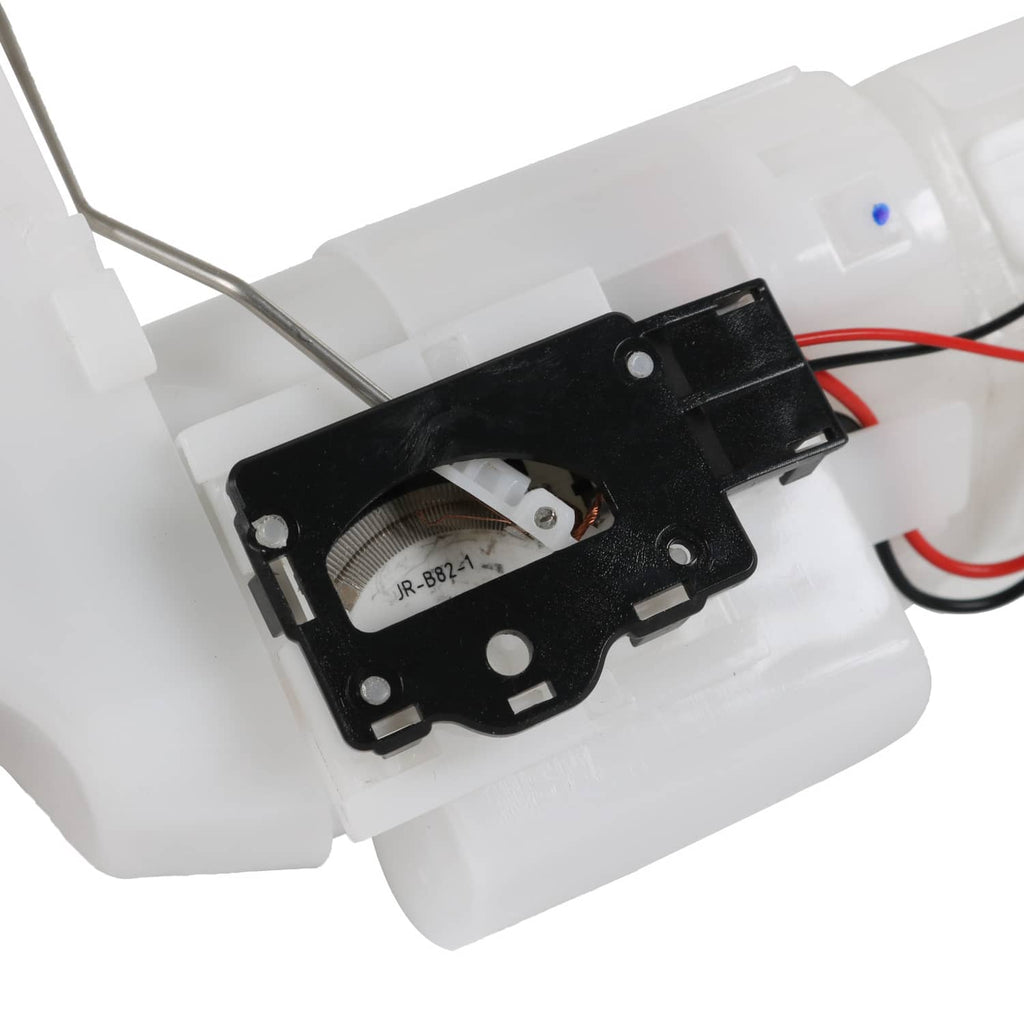 Fuel pump assembly detail with black module, wiring, and mounting points in white housing