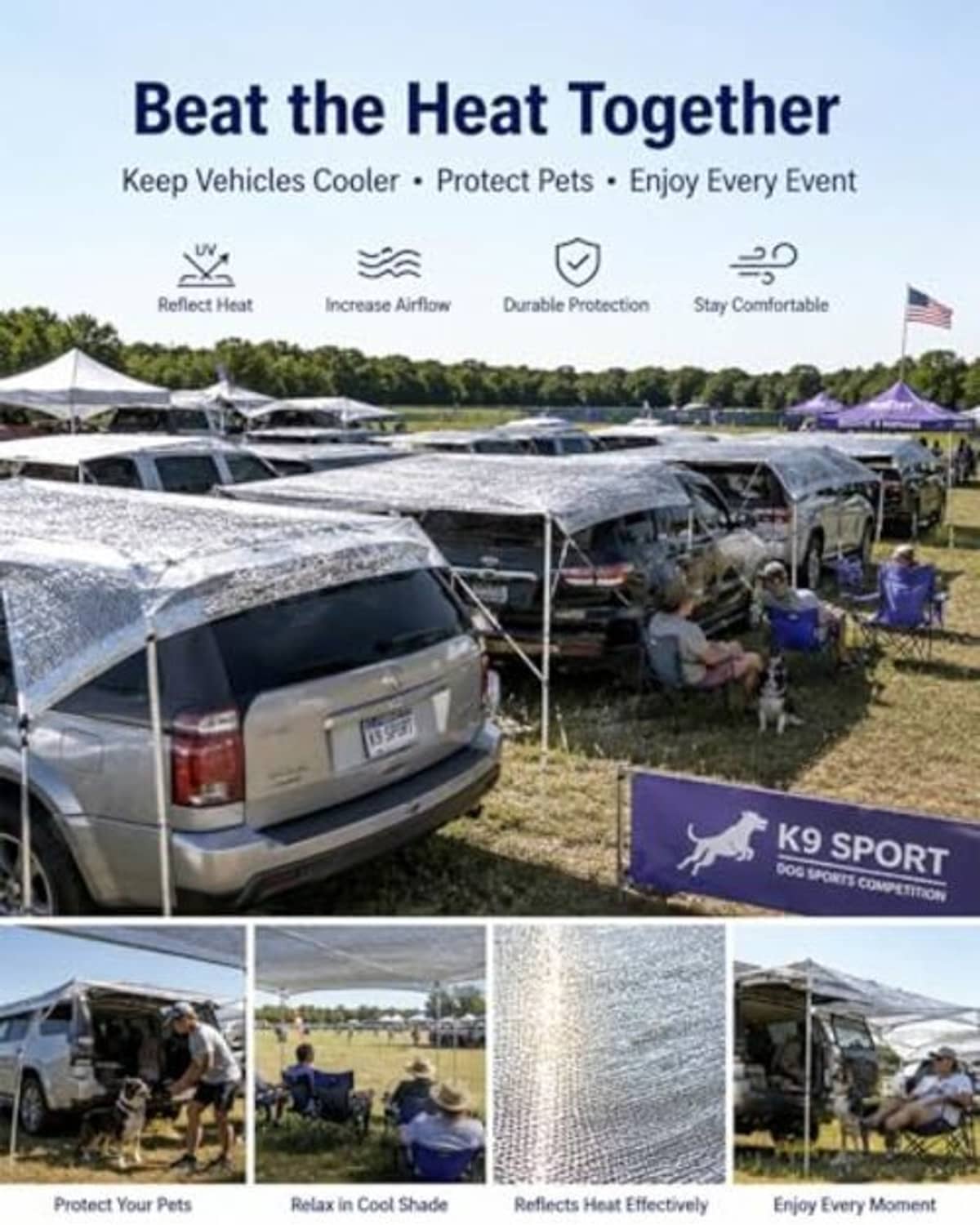 Reflective aluminet shade cloth covering vehicles at an outdoor event