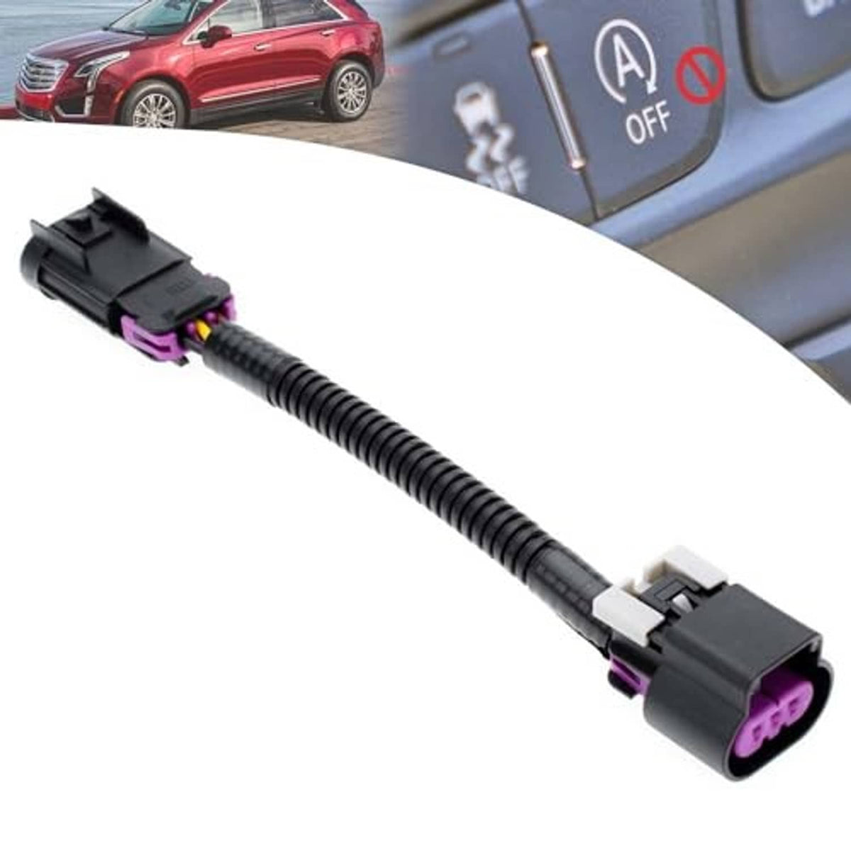 Auto start-stop eliminator wiring harness angled view, black housing and purple 3-pin connector