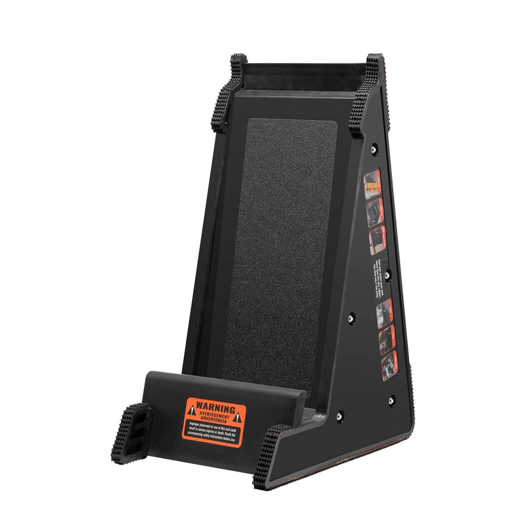 Black ladder leveling tool with textured platform and warning label holder