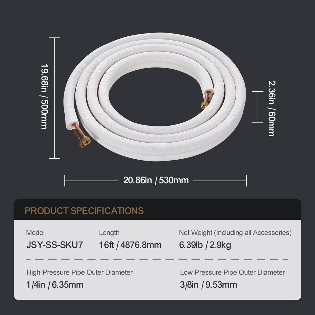 Coiled insulated mini split line set with copper pipe ends and length measurements
