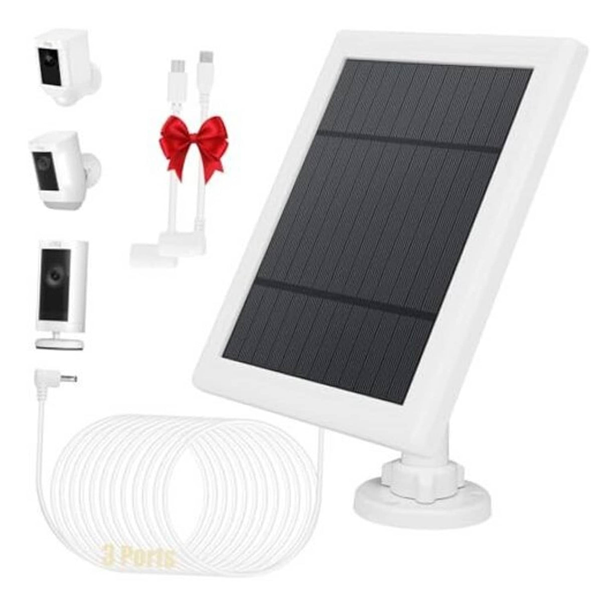 White solar panel for security camera with wall mount and coiled charging cable