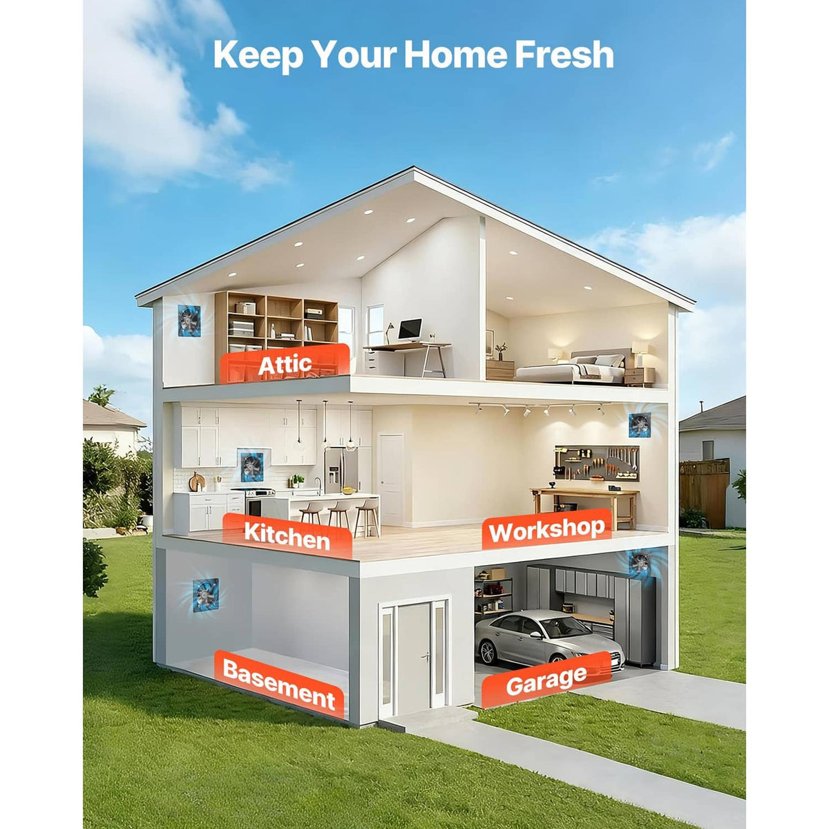 Wall-mounted ventilation fan installed in attic, kitchen, workshop, basement, and garage