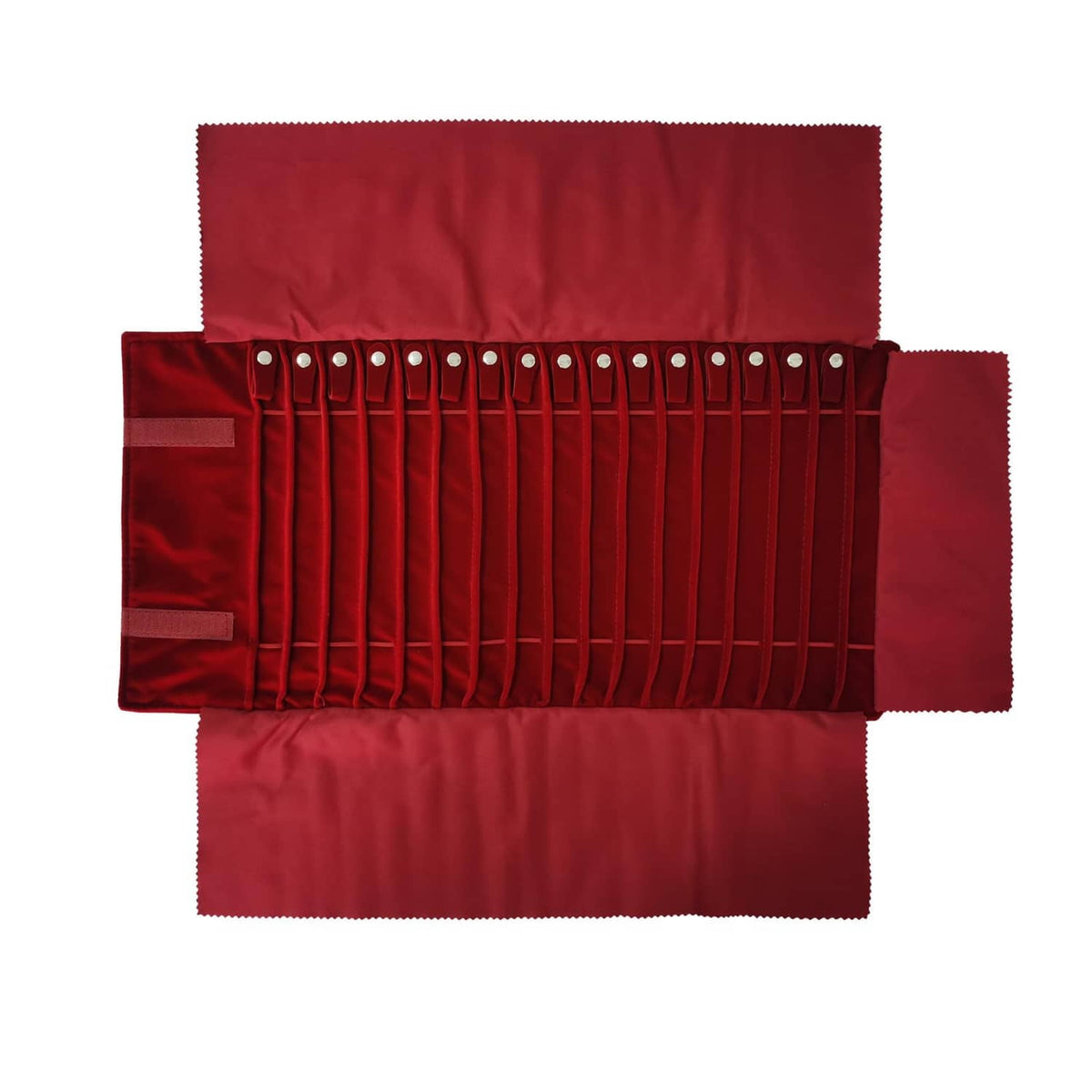 Burgundy portable jewelry roll with multiple necklace slots and snap button closures