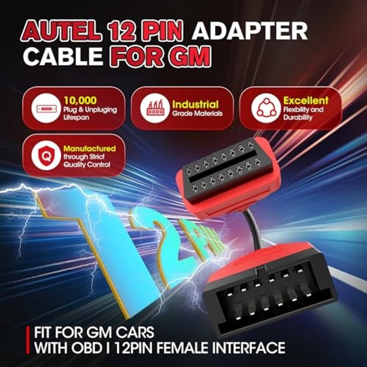 Red GM OBD adapter cable with black 12-pin and 16-pin connector ends