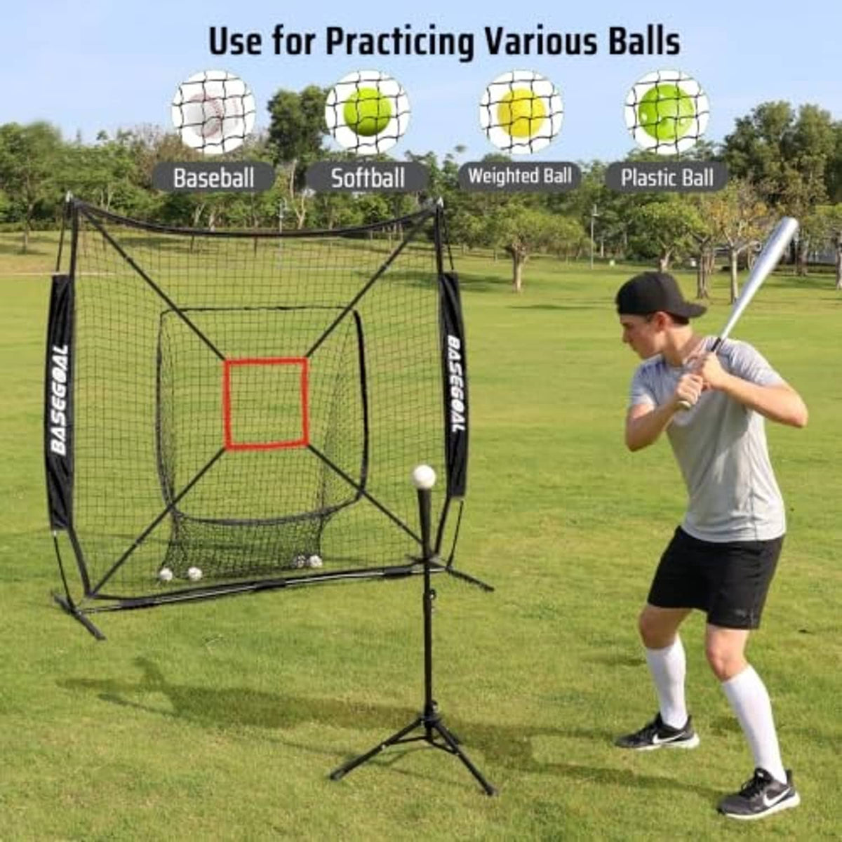 Baseball practice net with black frame, white mesh, and red strike zone target on field