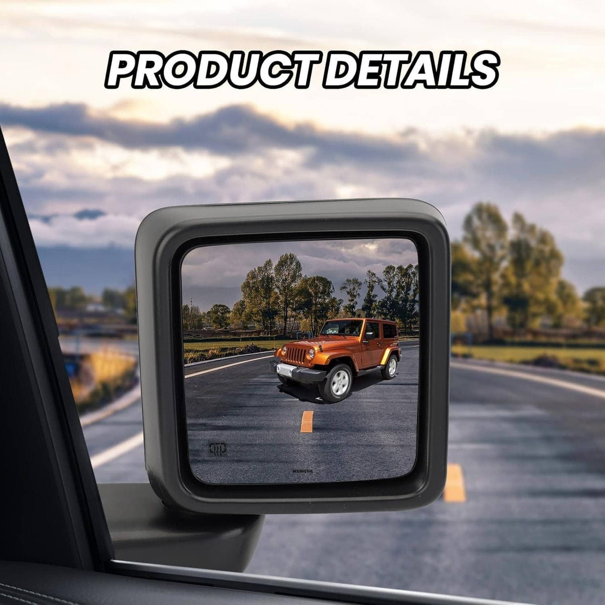 Black rectangular heated side mirror with clear glass showing road view