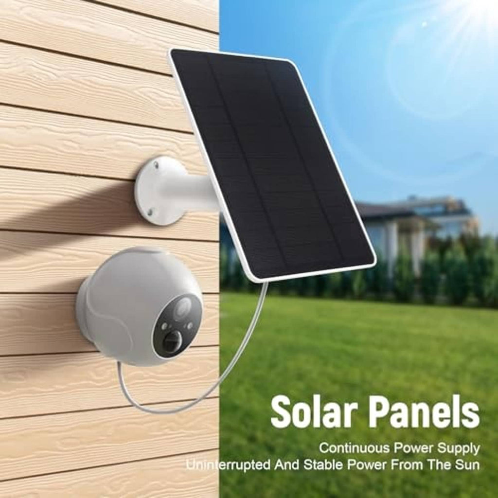 Outdoor solar panel mounted on wood wall with white bracket and cable