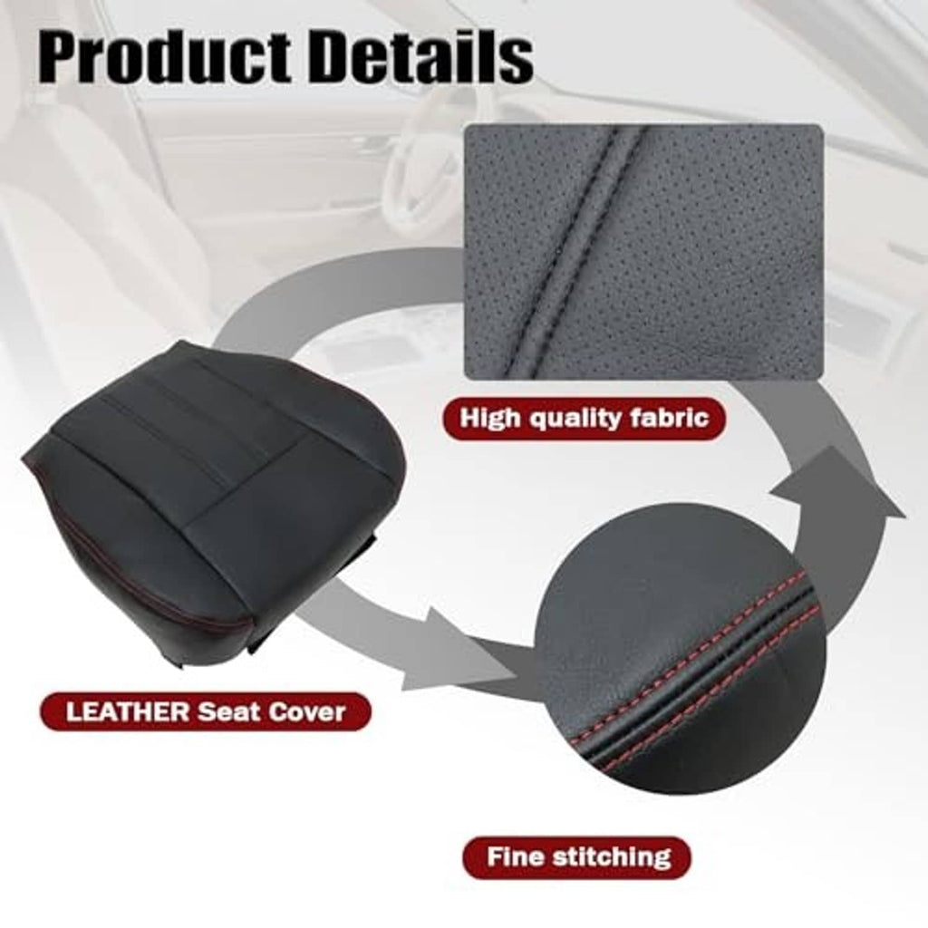 Black seat cover replacement showing perforated fabric insert and fine red stitching.